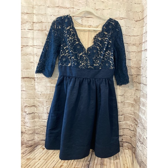 Eliza J Dress Womens 10 Navy Blue Lace Trimmed Evening Cocktail Long Sleeve - Picture 1 of 15